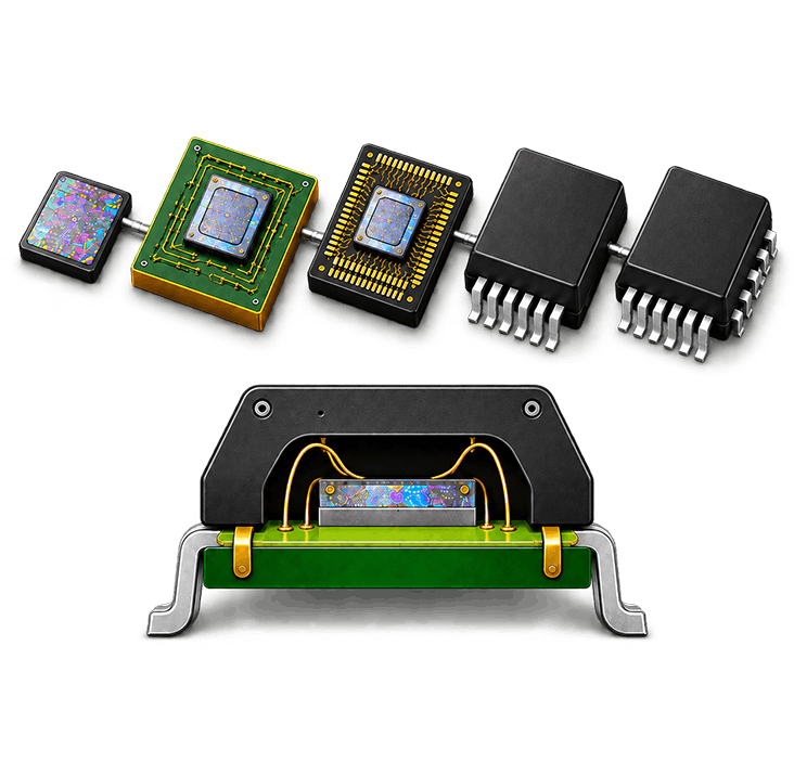izmomicro semiconductor packages: photonic chip, PCB SiP module, QFN package, SOIC packages, and a butterfly TO-can package