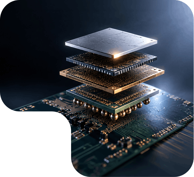 Exploded view of a multilayer integrated circuit package on a circuit board