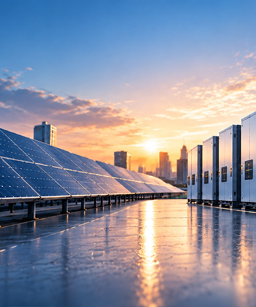 Solar panels beside an illuminated city skyline