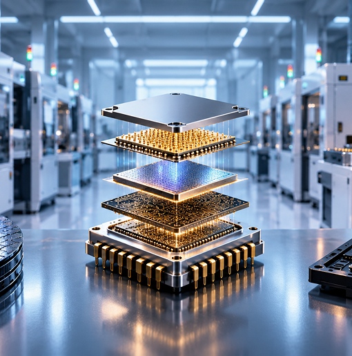 Exploded view of a multilayer semiconductor package assembly