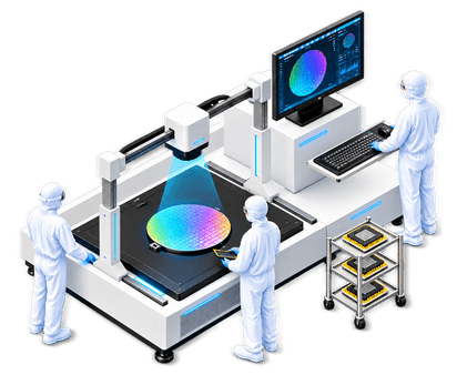 Isometric illustration of semiconductor wafer processing, inspection, and cleanroom operators